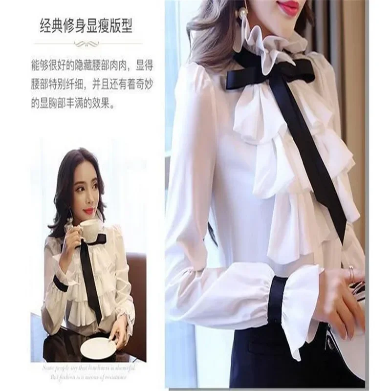 Fashion Stand Collar Lace Up Bow Ruffles Shirts Women's Clothing 2024 Autumn Winter Loose Elegant Pullovers Flare Sleeve Blouses