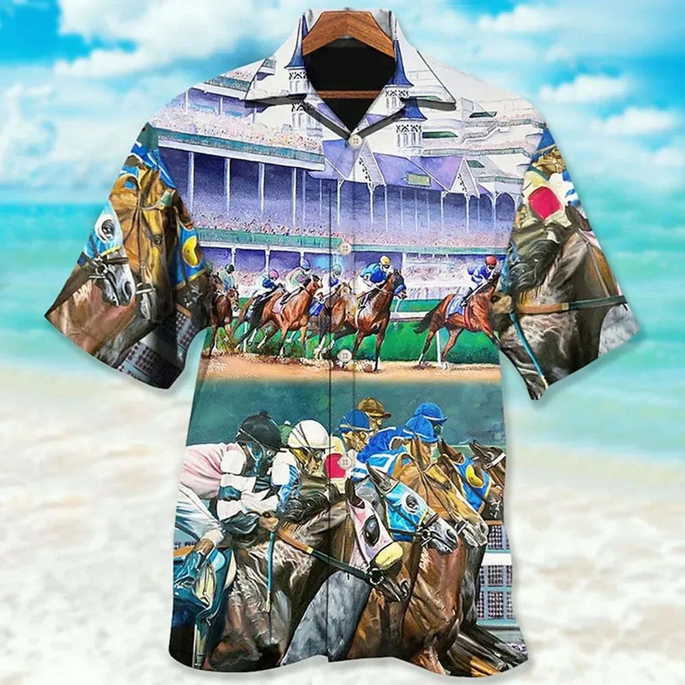 New Men's Horse Race Print Short Sleeve Shirt Men's Breathable Sweat Absorption Cardigan Men's Fashion Top Men's Casual Clothing