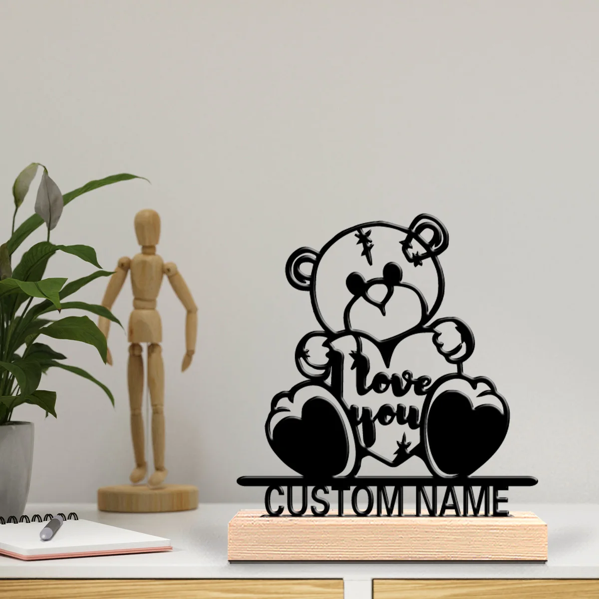 1pc Fashion love toy Custom Name Metal Statue Iron Ornament Art Crafts With Wood Base With Wood Base For Friend Gifts