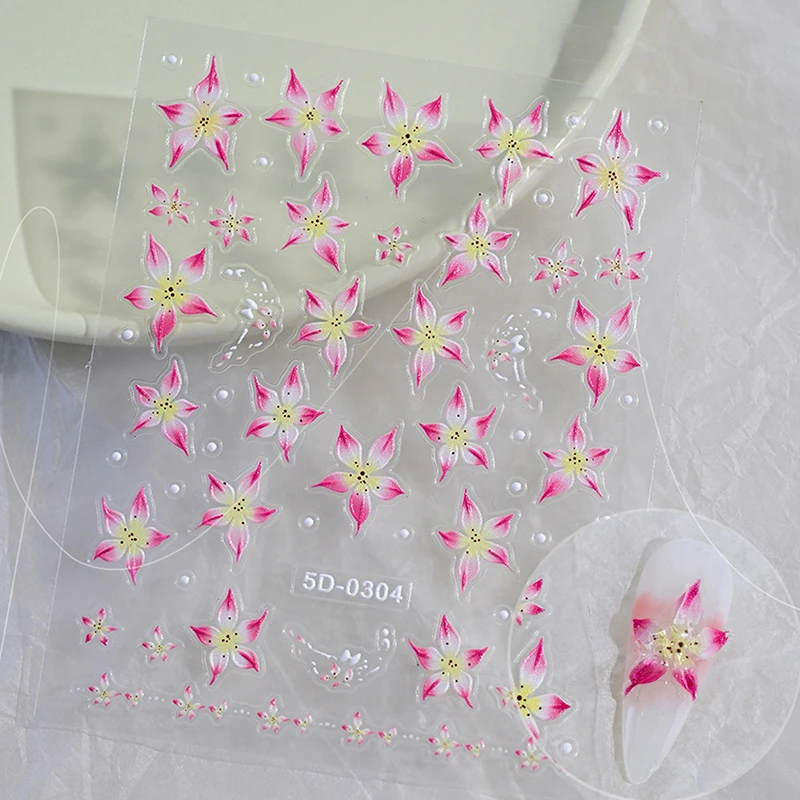 Colorful Lily Flower Nail Sticker Relief 3D Jelly Five Petal Flower Nail Art Decoration Decals DIY Self Adhesive Sliders