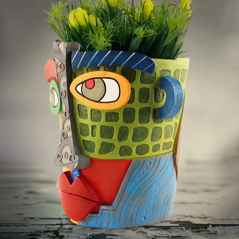 Vibrant Resin Plant Pot, Abstract Human Face Flower Holder, Realistic Head Sculpture Art, Creative Desktop Decor for Home Office