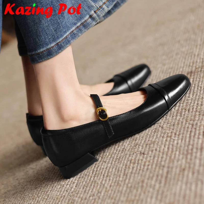 Krazing Pot Cow Skin Round Toe Low Heels Vintage Rome Daily Wear Slingback Gladiator Buckle Straps Women Beauty Mary Janes Pumps
