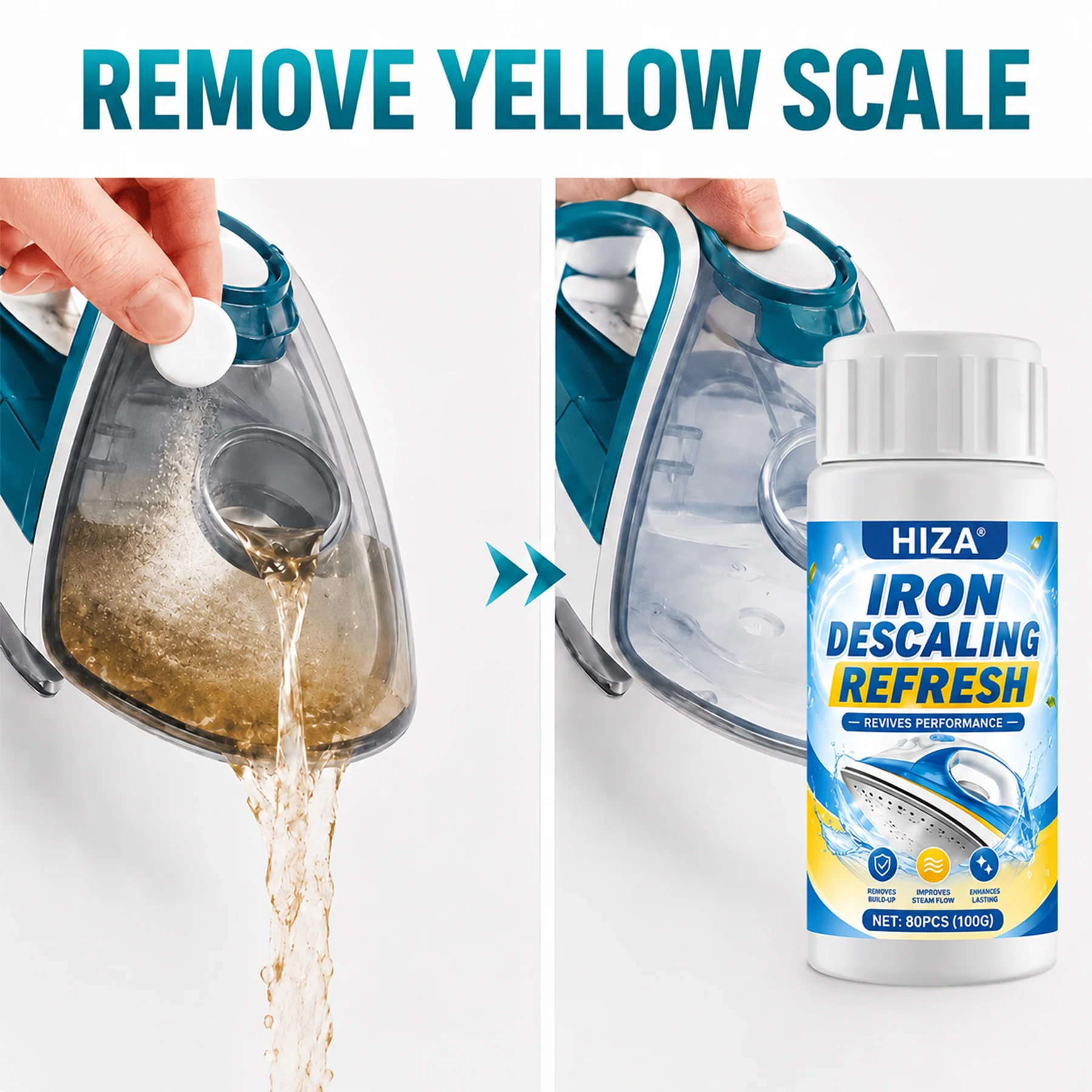 HIZA Steam Iron Descaler Tablets, Dissolve Limescale, Restore Steam Output, Safe & Easy for Garment Steamer Maintenance