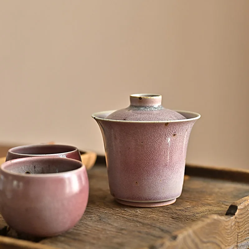 Jingdezhen Hand-Pulled Blank Soda Burnt Creek Red Ice Cracking Glaze Horseshoe Tureen for Ladies Ceramic Tea Bowl