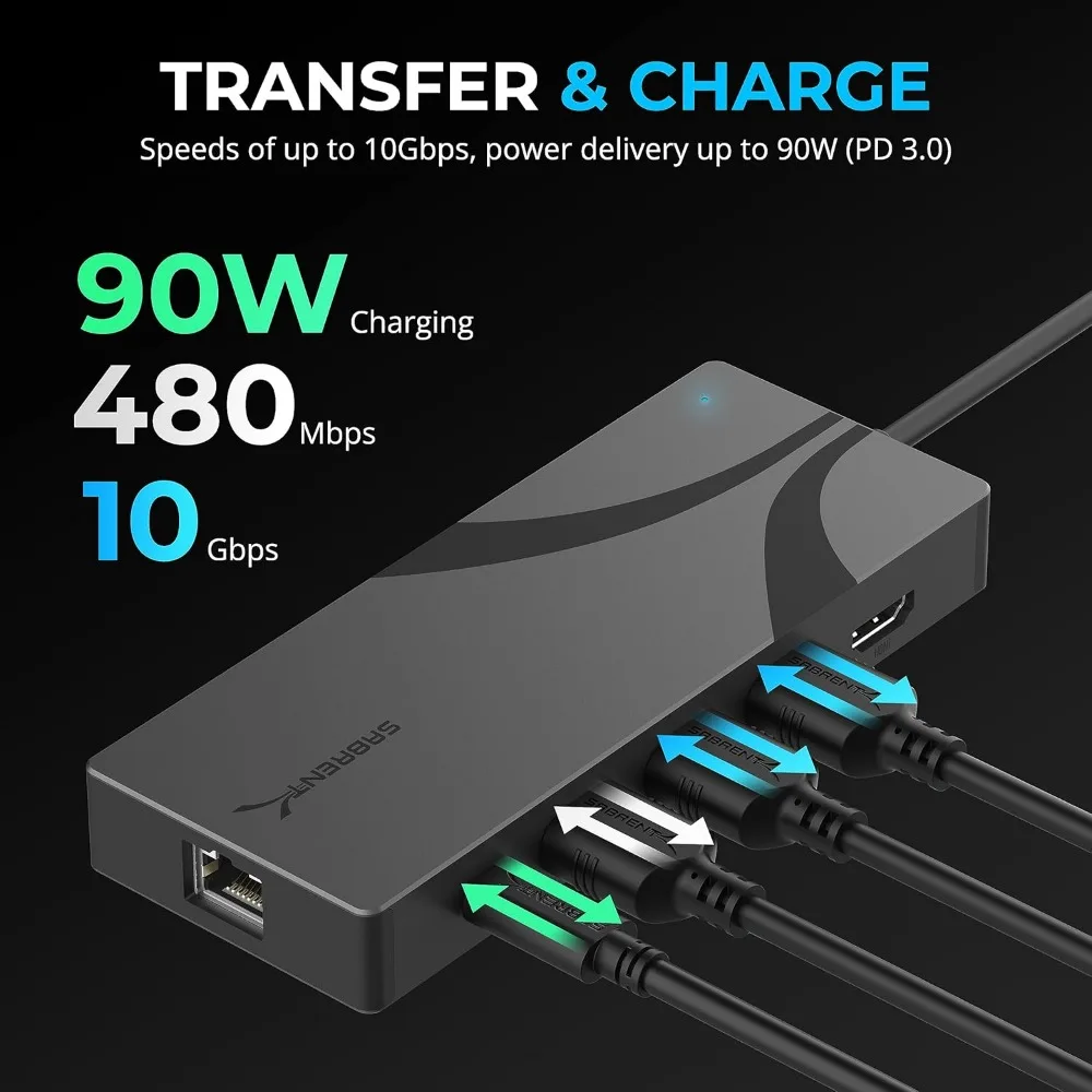 محور SABRENT USB-C ذو 6 منافذ مع حاوية M.2 SSD، 90 وات PD، منافذ USB 3.0/2.0، 4K HDMI، RJ45 جيجابت إيثرنت