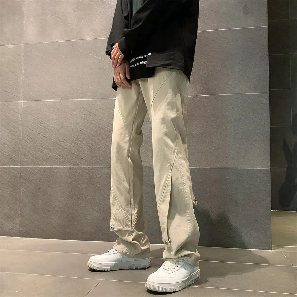 American Style High Arcade Fashion Jeans Men'S Design Sense Solid Color Breasted Spring Autumn Casual Loose Fitting Trend Pants