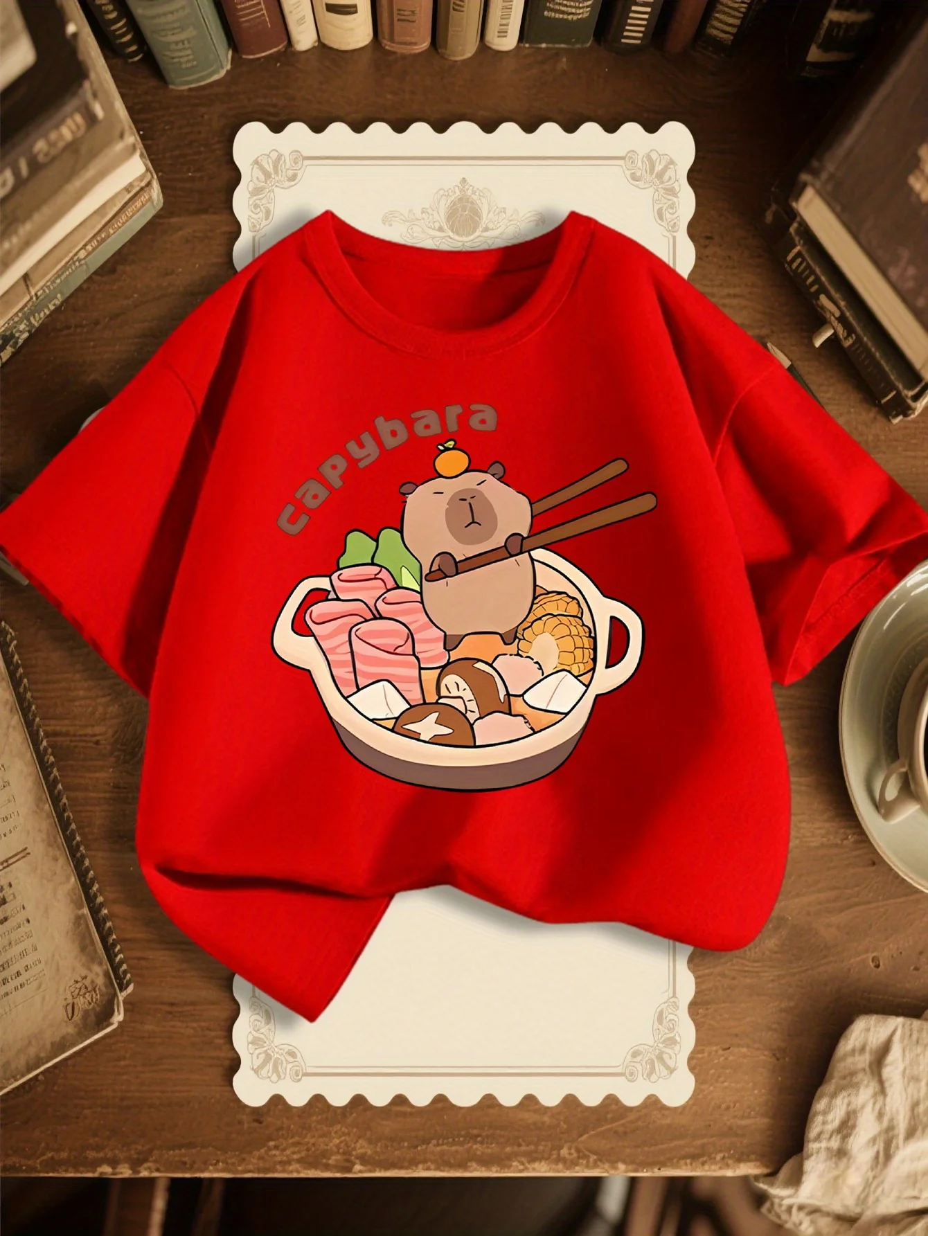 Cute Capybara In Hot Pot Cartoon Print Graphic Kids Tee Boys Girls Family Matching Cotton Crew Neck Short Sleeve Soft Summer Tee
