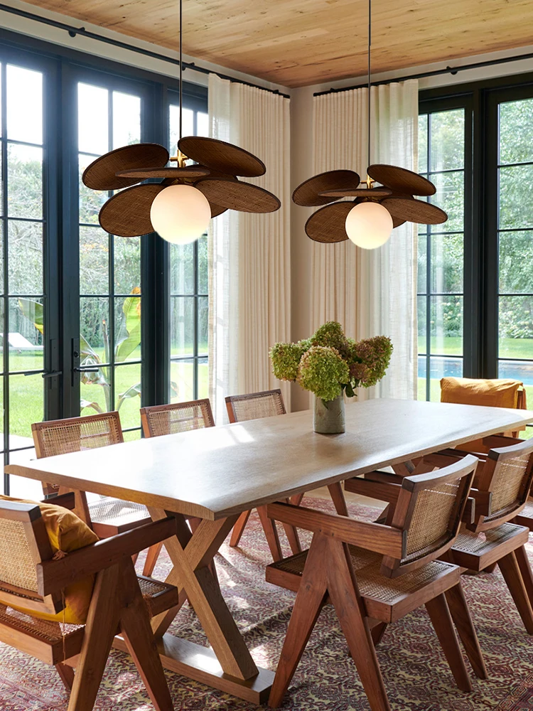 

Vintage Style Fabric Fan Lampshade Deco Brown Woven Hanging Lamps Chandeliers Dining Room Bedroom Lights Classic Lustre