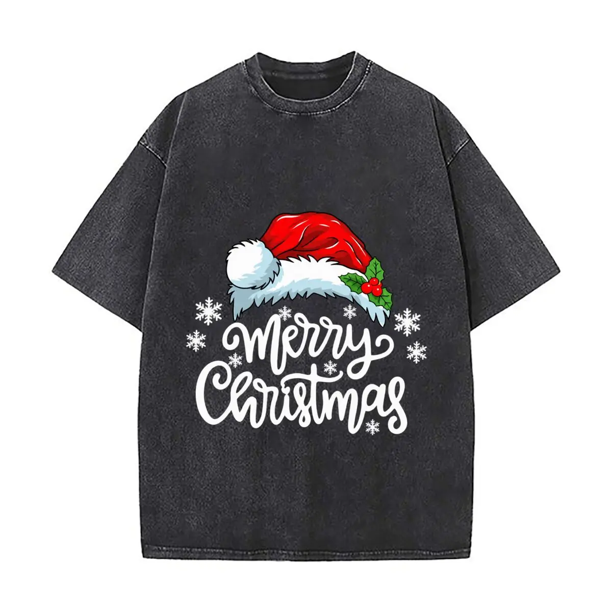 Merry Christmas Red Santa Holly Berry Snowflake Graphic Distressed Faded Baggy Streetwear Tops for Park Hangouts
