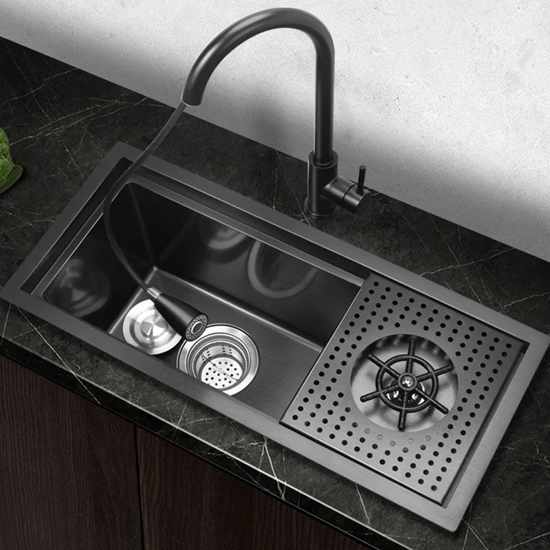 

Black 304 Stainless Steel Kitchen Sink Topmount Large Single Slot Bowl Wash Basin Drain Accessories Cup washer