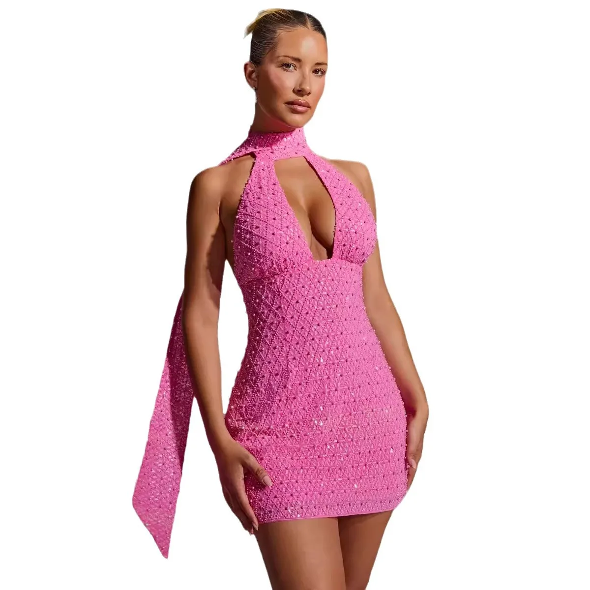 2024 New Fashion European and American Style Women's Clothing Sequin Bead Low Cut Halter Backless Hip Skirt Dress Women