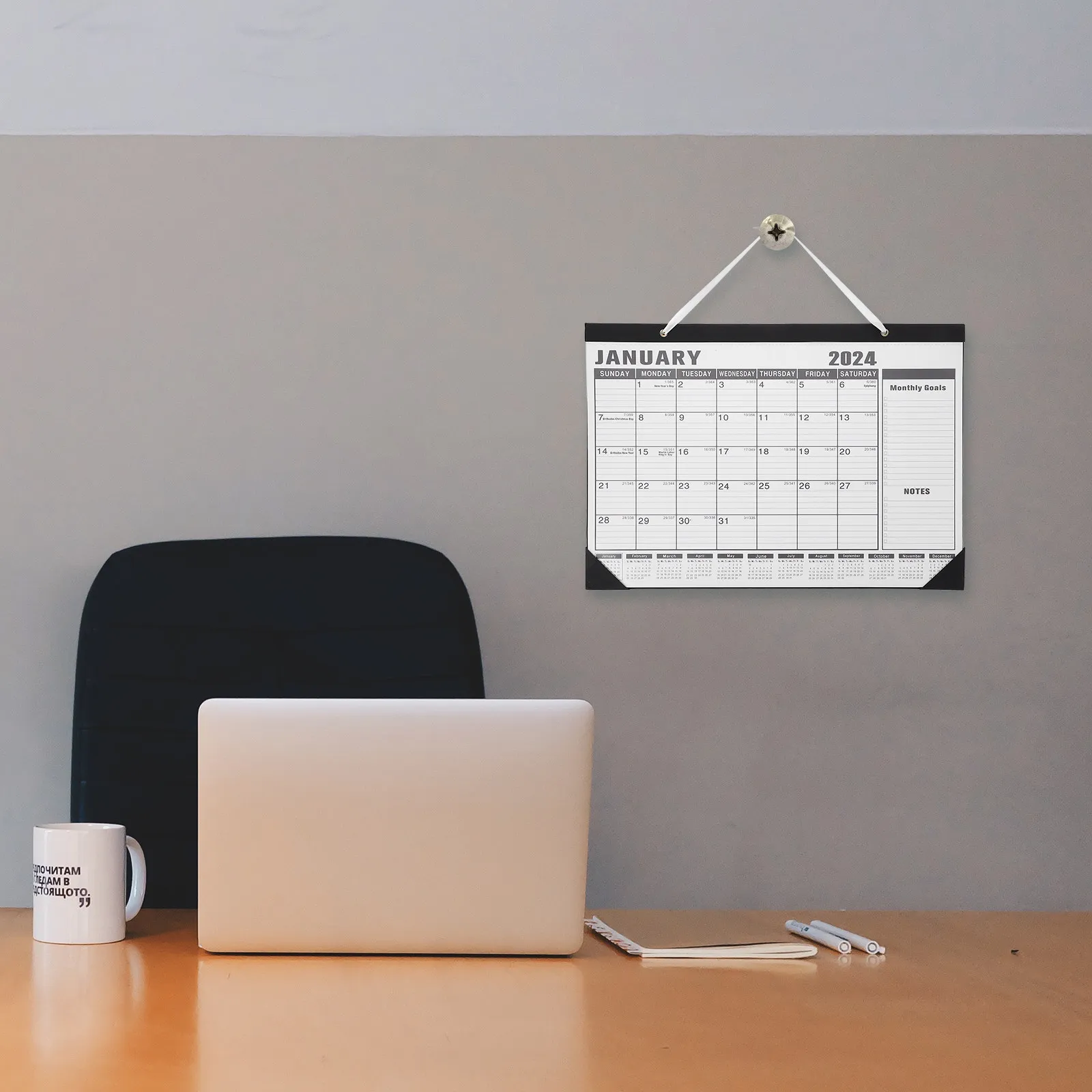 

2024 Wall Calendar Hanging Office Calendar English Monthly Note Simple Style Sturdy Daily Use Home Supply Office Supplies