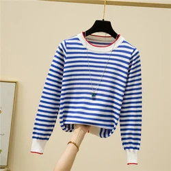 Striped Knitting Womens Sweater O Neck Loose Long Sleeve Thin Soft Pullover Tops Femme Basic Casual All-match Knitwear Female