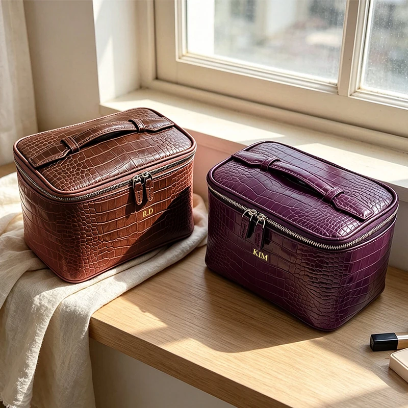 Luxury Crocodile Leather Pattern Travel Cosmetic Bag Custom Letters Zip Woman Fashion Toiletry Bag Large Capacity Make Up Bag