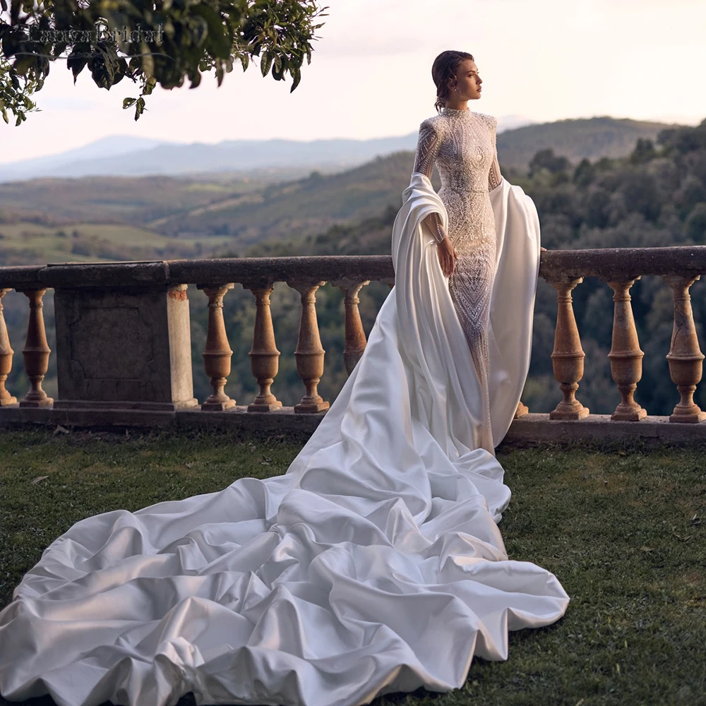 

Satin Wedding Long Cape With Sleeve Hold ,Fashion Elegant Bridal Jacket With Train ,Total 2m length DJ479