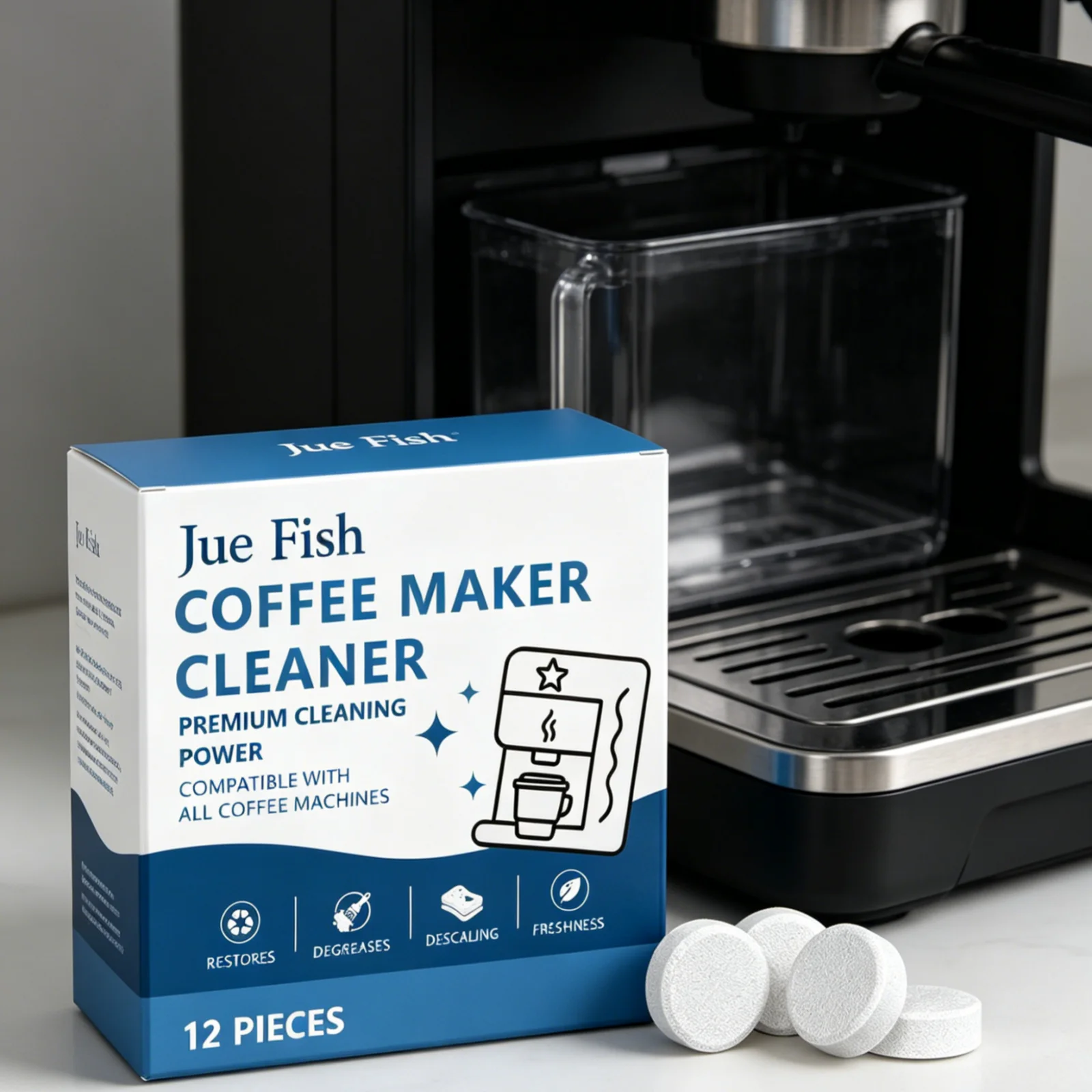 Limpiador de Cafeteras Jue Fish, Elimina la Suciedad y el Sarro, Mantiene la Funcionalidad, Tabletas de Limpieza de Disolución Rápida para Cafeteras, 12 Piezas