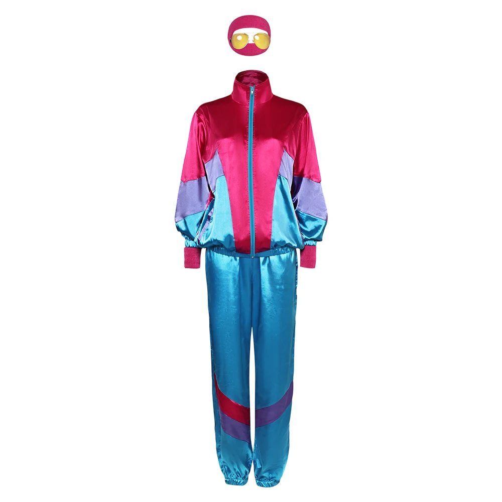 Fato de treino misto rosa e azul para mulheres, cosplay retrô, traje de rua casual, óculos, traje de carnaval de Halloween, anos 80, 7 peças por conjunto