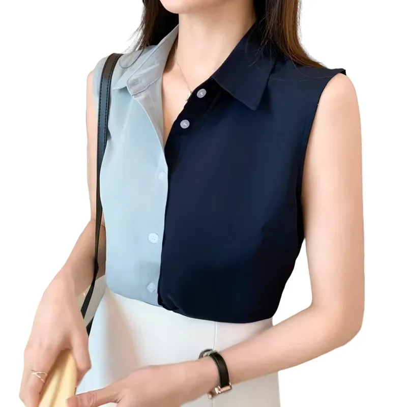 Chiffon Sleeveless Women Shirt New Korea Fashion Comfortable Breathable Casual Lapel Blouses Patchwork Loose Single-breasted Top