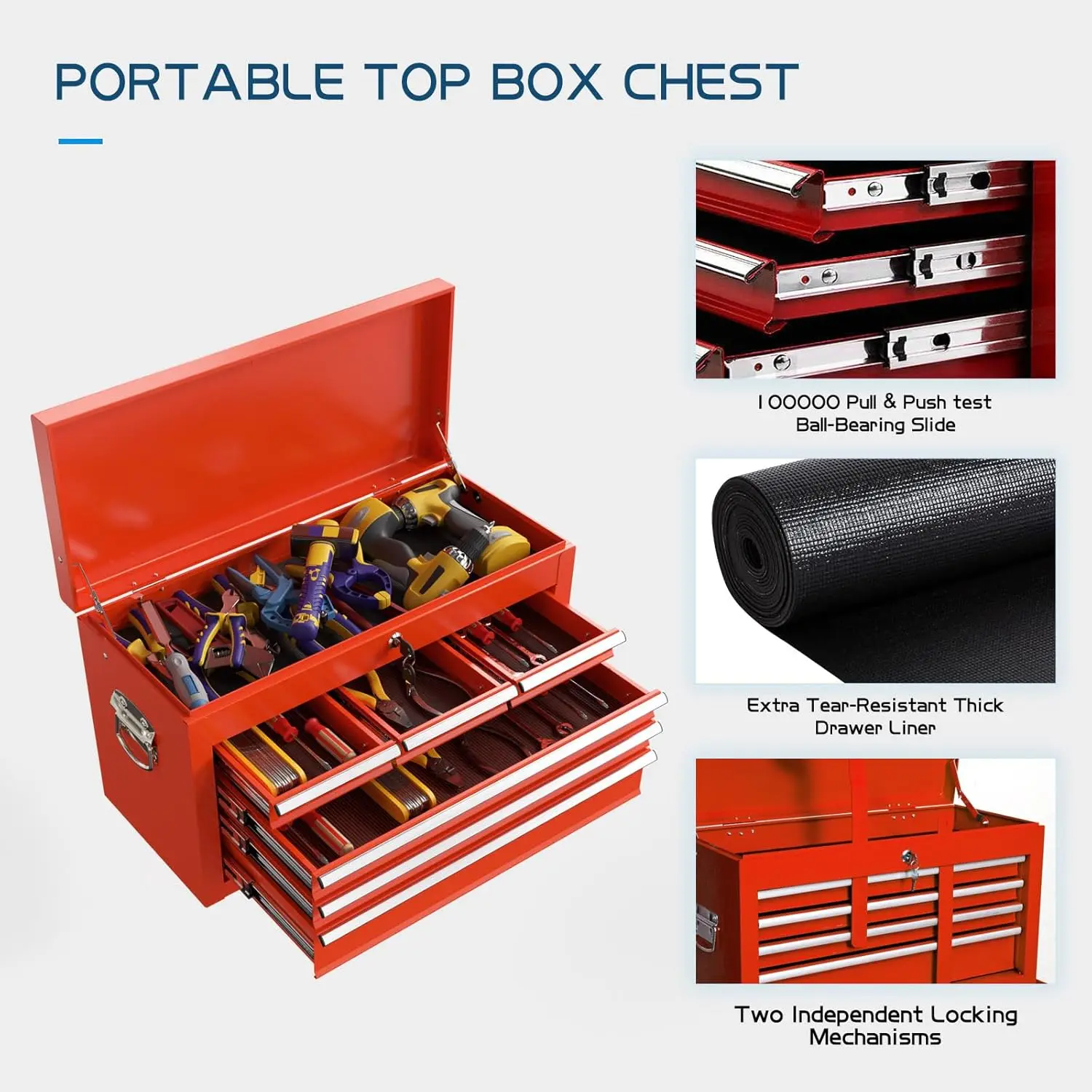 Large Chest, 2-in-1 Detachable Garage Rolling Box Metal Tool Storage Cabinet Removable Lockable Tool Cart with Wheels