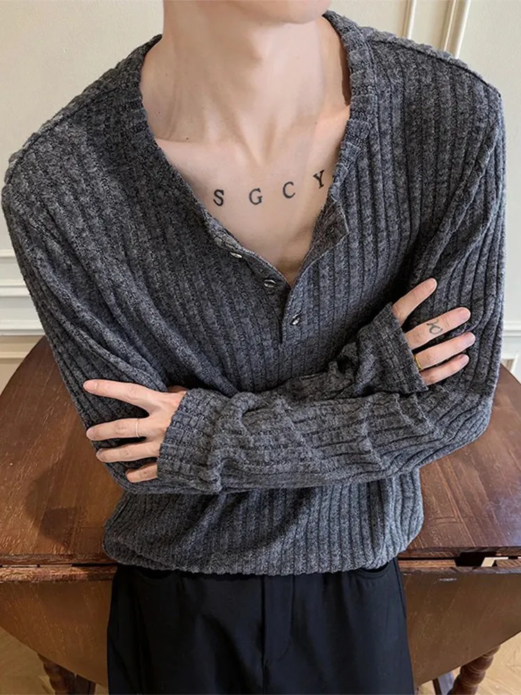Loose Fit Long Sleeve Henry Collar T-Shirt Men's Style Autumn Fashion Textured Lazy High-End Base Shirt Top Casual Wear
