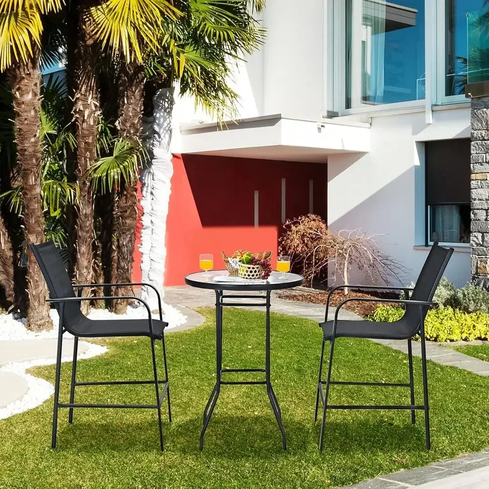 3-Piece Outdoor Patio Bar Set with 2 Stools and Tempered Glass Table, Black