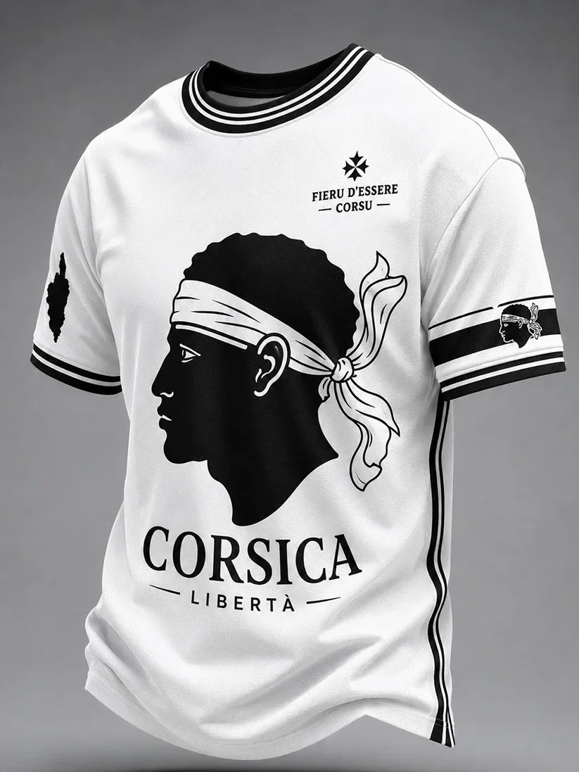 Corsica Freedom Profile Silhouette T-shirt -Black and White Stripes Collar - Island Map X Symbol - Cultural Short Sleeve T-shirt