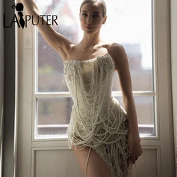 Luxury White Pearls Short Bridal Wedding Dresses Sheath Strapless Off Shoulder Sexy Mini Dress White Bride Party Gown