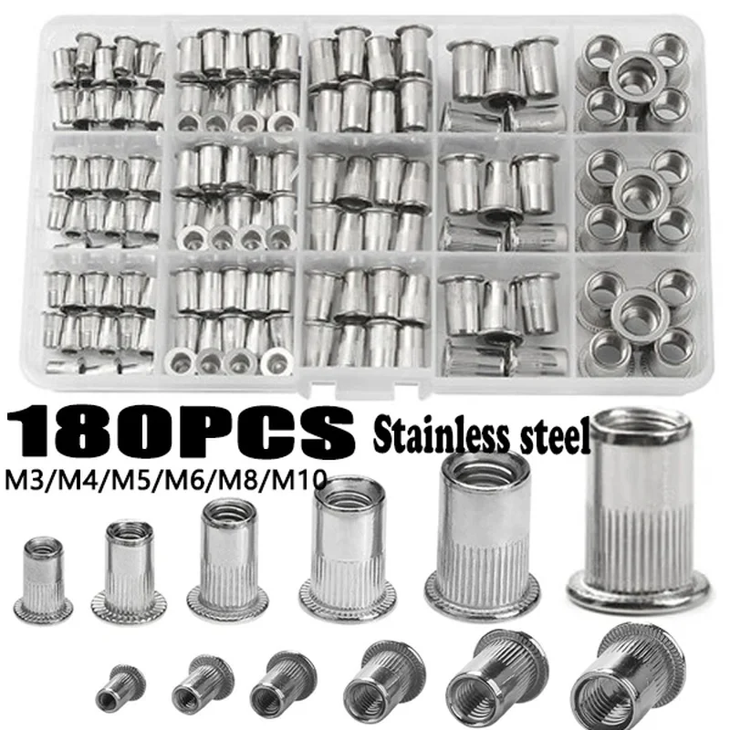 180/160/150/100/93PCS Stainless Steel Rivet Nut M3 M4 M5 M6 M8 M10 Insert Reveting Multi Size Flat Head Rivet Nut Rivnut Set