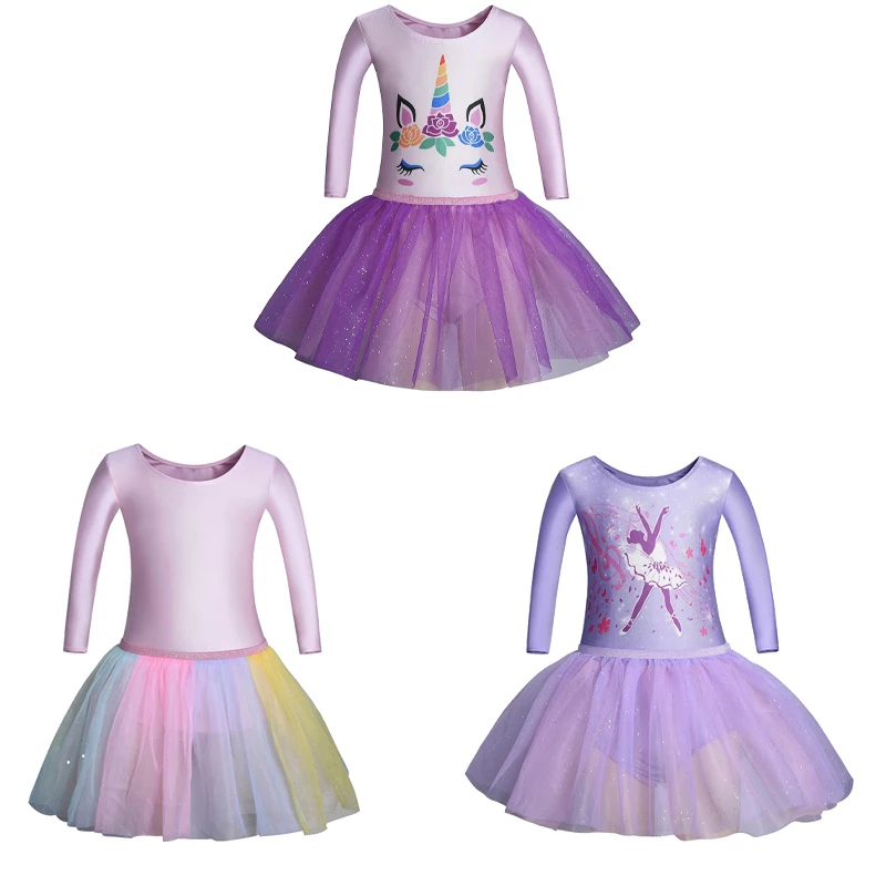 Collant de balé de manga comprida para meninas, saia tutu brilhante com cintura elástica e vestido de lantejoulas brilhantes sem números