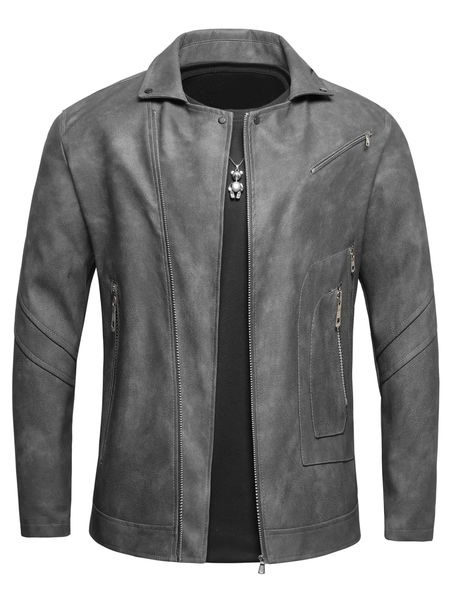 Men's PU Leather Biker Jacket with Button Pockets, Casual Zip Up Jacket, Long Sleeve, Outdoor