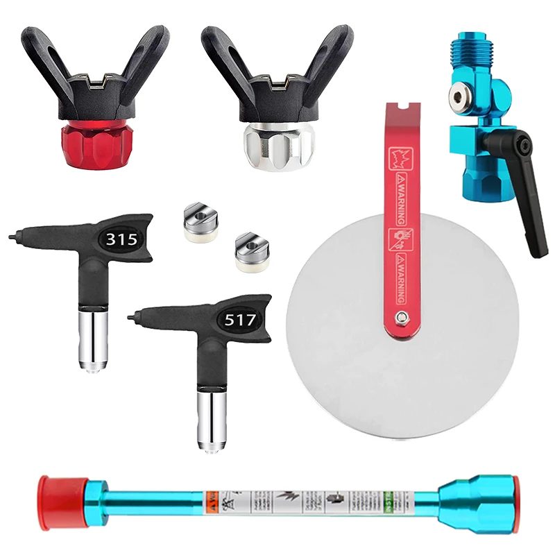 7-piece airless sprayer set, including 1 rotary joint, 1 disc baffle, 2 rotating nozzles, 1 × 7.87-inch extension rod, and 2 spr