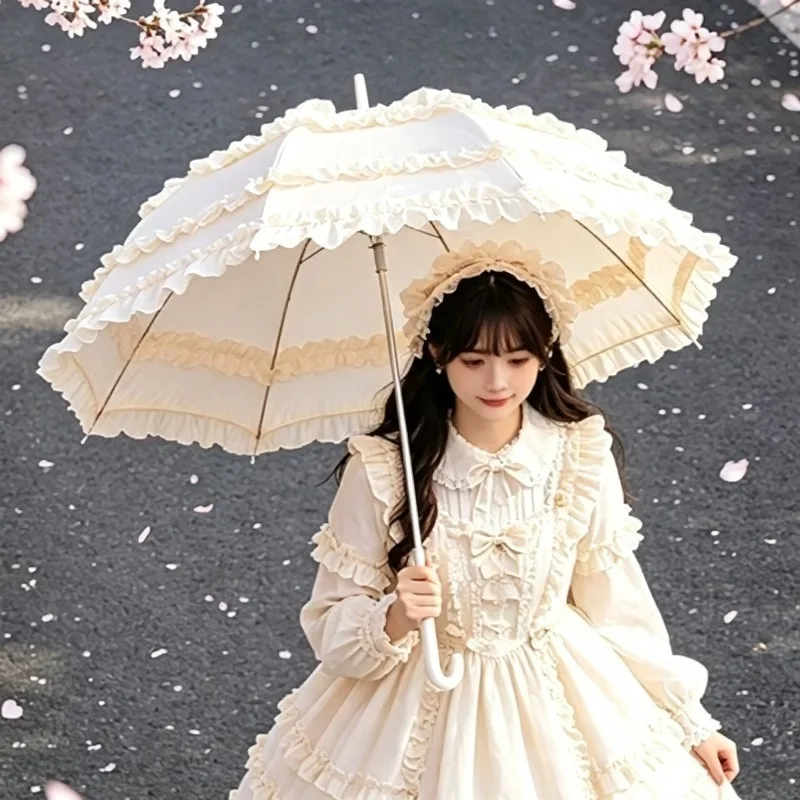UV Blocking Umbrella Lolita Parasol Long Handle Lace Ruffle Wedding Umbrellas Kawaii Princess Sun Rain Umbrella for Women Gift