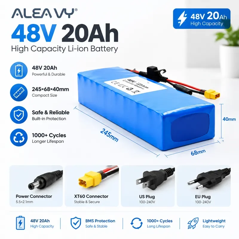 48V 20Ah E-bike Battery Pack 13S2P 18650 Lithium Ion for Bafang 1000W Motor Bike Conversion Kit with 54.6V 2A Charger and
