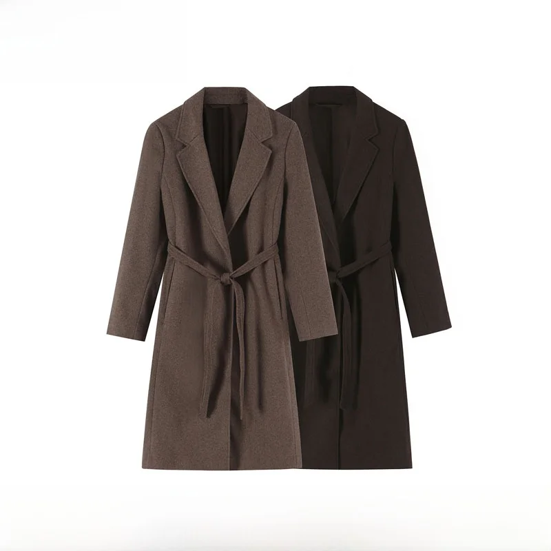 Early Autumn New Arrival Women's Fashionable Versatile Waist-Tie Coat Polyester Fiber Long Sleeve Mid-Length with Inner Vest