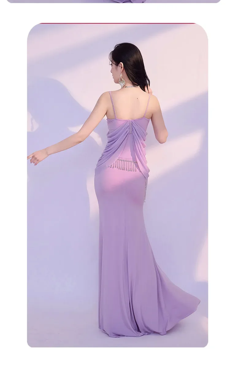 Neues Bauchtanz-Übungsoutfit, Trägerkleid, sexy Bauchbedeckung, orientalisches Tanzkostüm für Auftritte, professionelles Bauchtanz-Outfit. – Detail 13