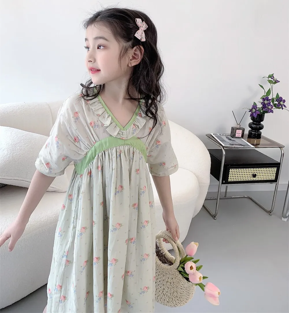 

kids girl clothes baby dress Retro floral print dress V-neck fashionable girls' summer short sleeved dress