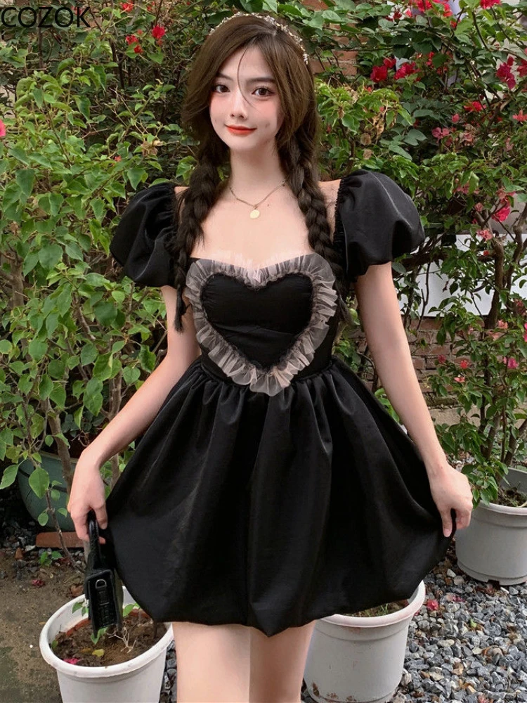 

Gothic Heart Shaped Lace Black Lolita Mini Dress Women Sweet Puff Sleeve Ruffles Mesh Party Dresses Girly Solid Elegant Vestidos