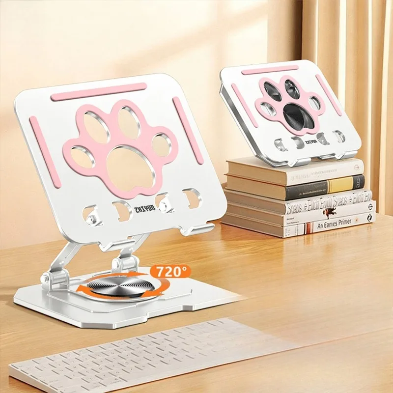 Cute Cat Paw Cutout Metal Tablet Phone Stand 360° Rotatable Anti Slip Foldable Adjustable Height Angle Holder for Tablet/Phone