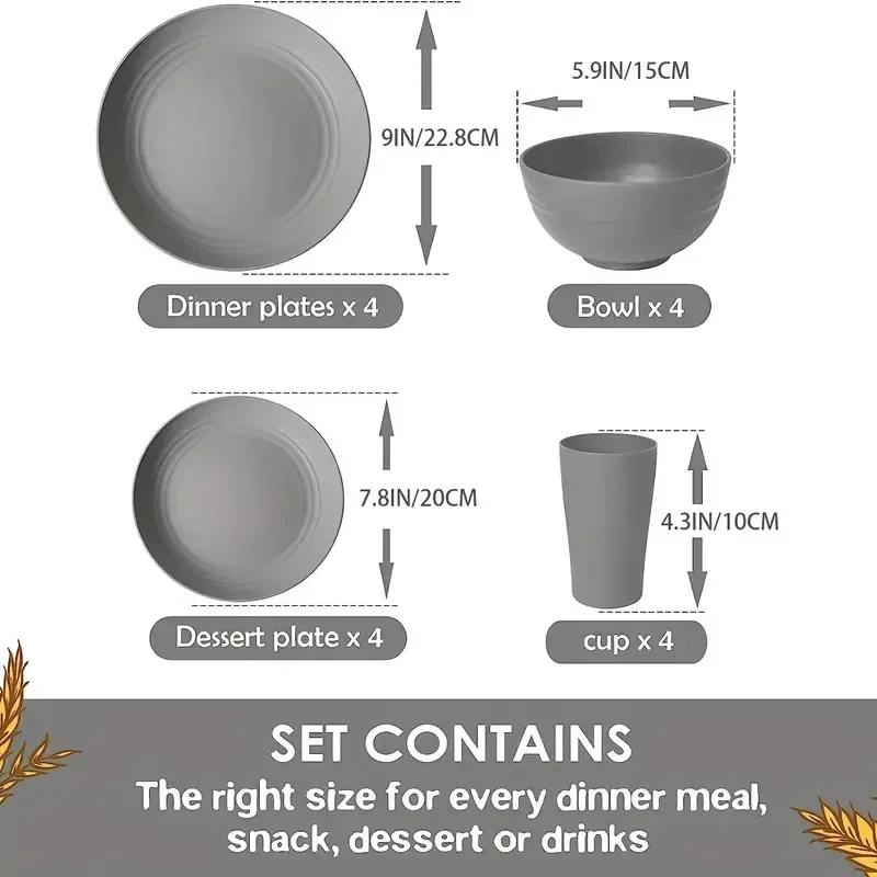 New 16 Pieces/set of Non Fragile Meal Plates, Wheat Straw Dishes, Tableware Set, Microwave Dishwasher, Safe, Reusable Tableware