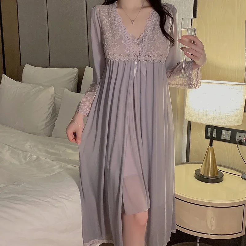 REBEYULI Casual Women Loungewear 2024 Autumn Mesh Lace Solid Knee Length Dress with Chest Pad Deep V Outerwear Robe Gown Sets