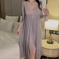 REBEYULI Casual Women Loungewear 2024 Autumn Mesh Lace Solid Knee Length Dress with Chest Pad Deep V  Outerwear Robe Gown Sets