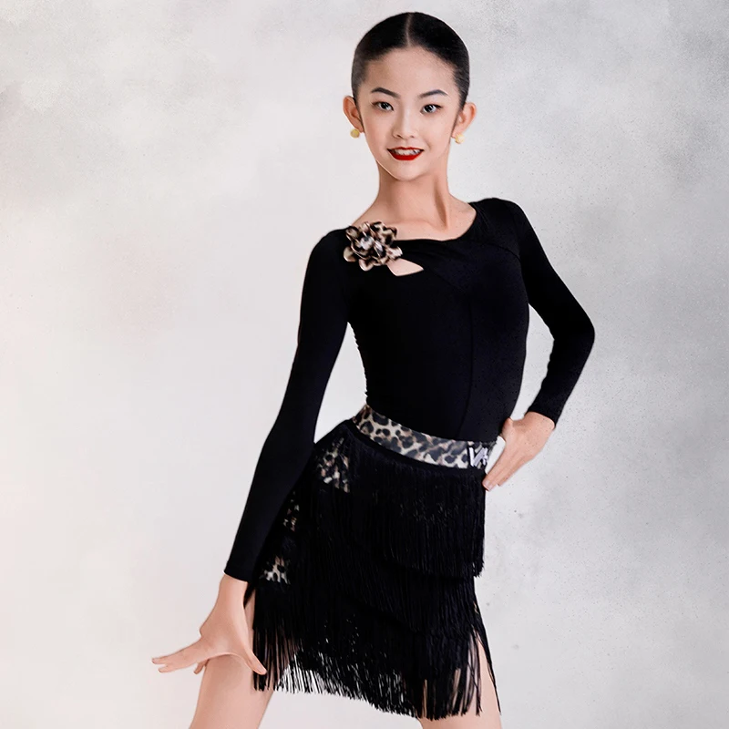 

Детская одежда для латинских танцев, черное платье с бахромой и леопардовым принтом для девочек, тренировочная одежда с длинными рукавами, танцевальная одежда для ча-ча-румбы, BL17309