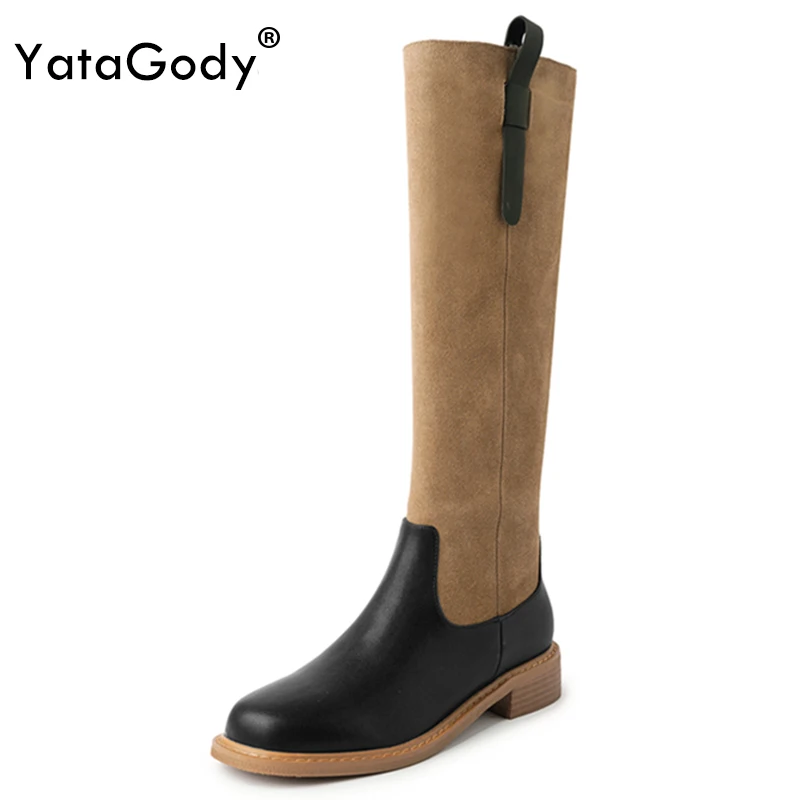 

YATAGODY Size 33-40 Women Knee Boots Suede Real Leather Thick Mid Heels Shoes Platform Wide Calf Long Tall Boots Casual Daily