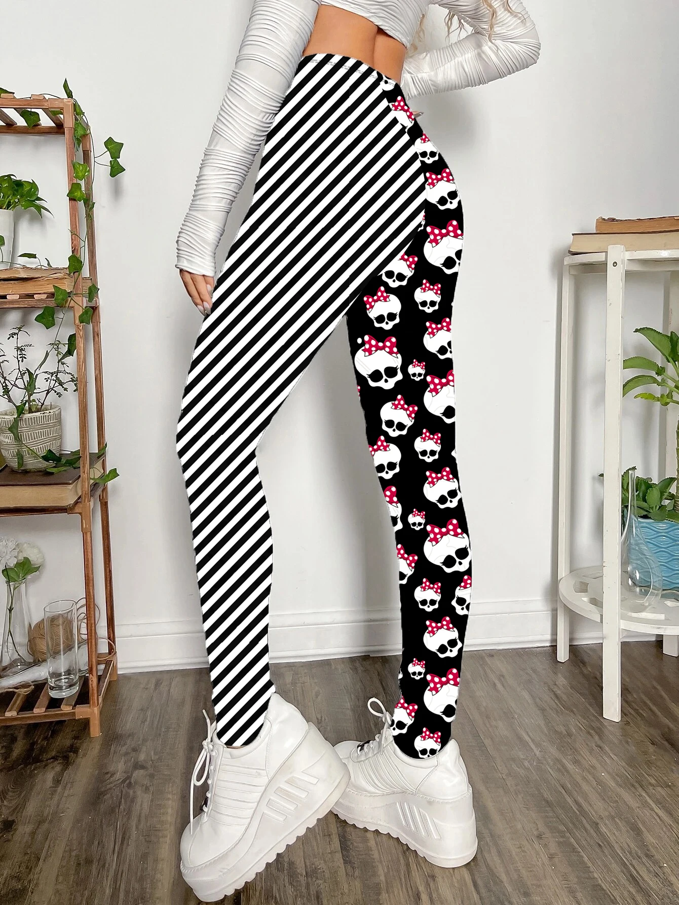 Mallas empalmadas con rayas de calavera estampadas digitales, medias de moda, pantalones de nueve puntos con estampado de Halloween europeo y americano, nuevo