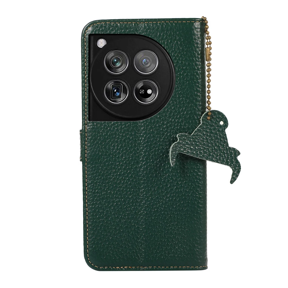 Luxury Litchi Pattern Genuine Leather Case for OnePlus 12 Shockproof RFID Blocking Magnetic Clasp Flip Cover Slim Wallet Case