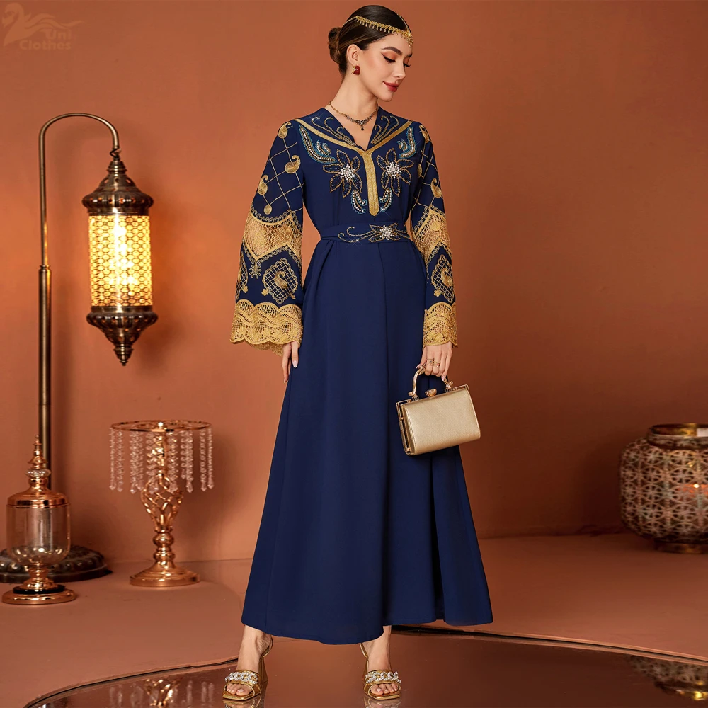 

New Gold Embroidery Beaded Luxury Woman V-Neck Evening Dress Morocco Saudi Solid Maxi Abayas Fashion Kaftan