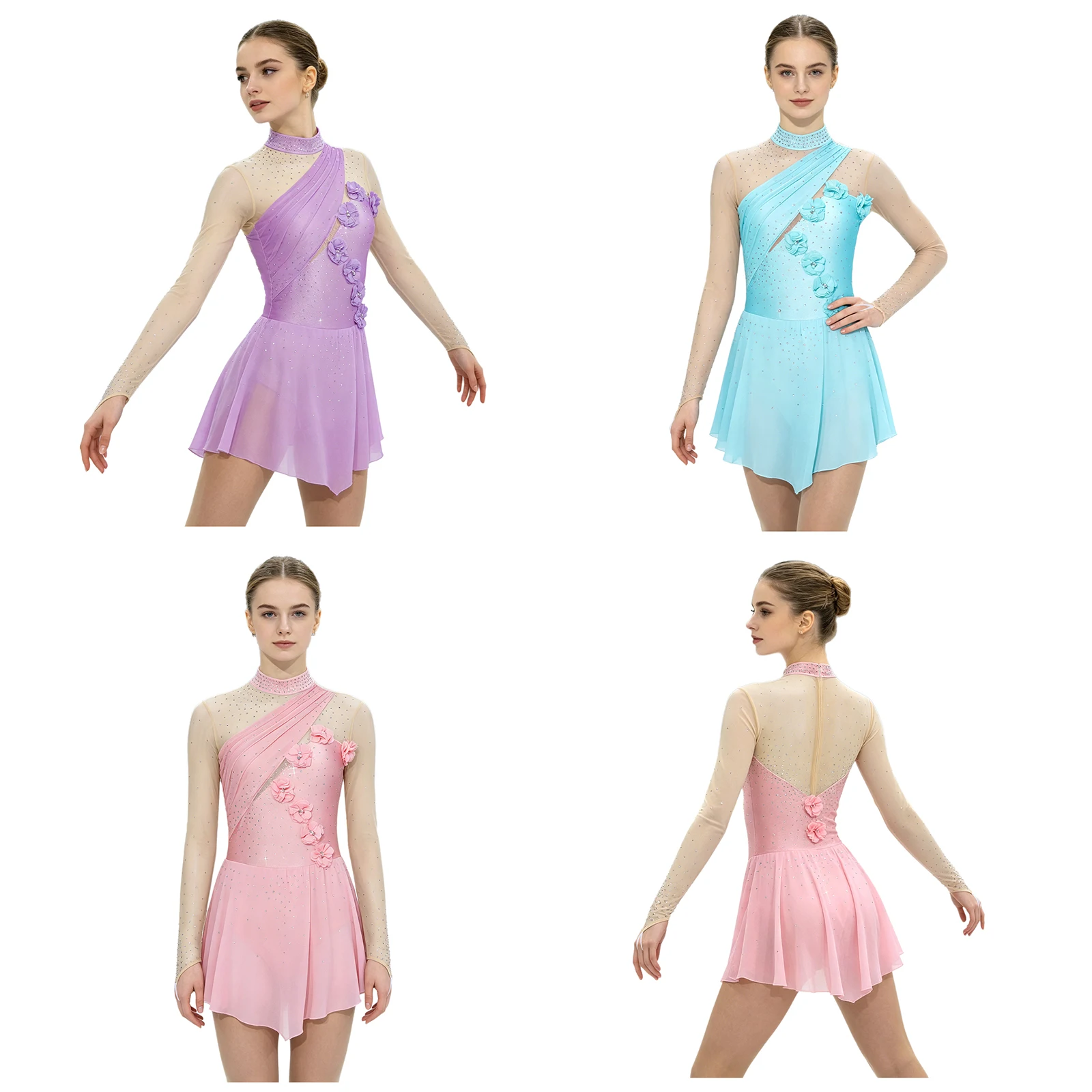 Women Applique Rhinestones Mesh Chiffon Figure Ice Skating Leotard Dress Gymnastics Ballet Dance Acrobatics Performance Costume