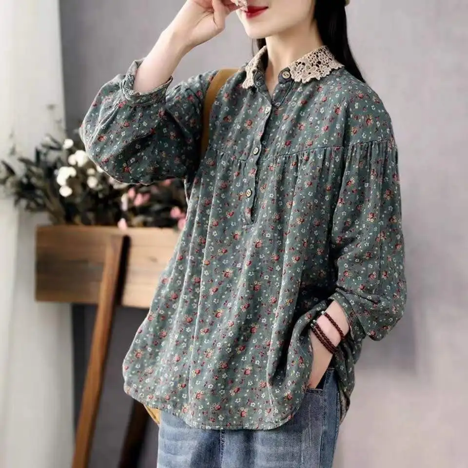 

Women's Loose Fit Long Sve Cotton Linen irt Spring Print Collar Button up T-irt Single Clip Tag Faionable Commu...