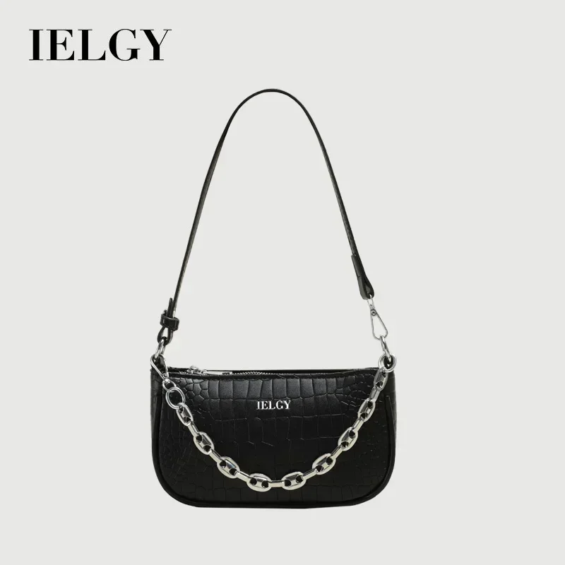 IELGY Elegant Women's Top-handle Bag With Chain Decoration And Crocodile Pattern - Black/White