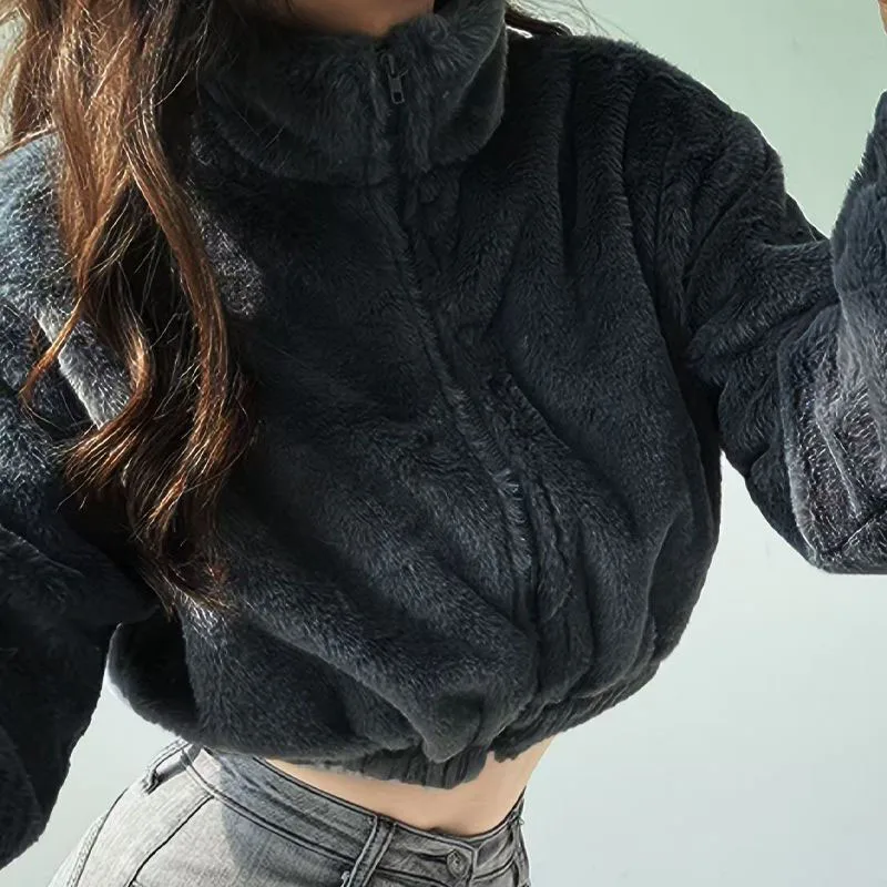 New Women's Faux Fur Jacket Female Streetwear Zipper Warm Plush Short Coat Female Solid Soft Fluffy Stand Up Collar Outerwear